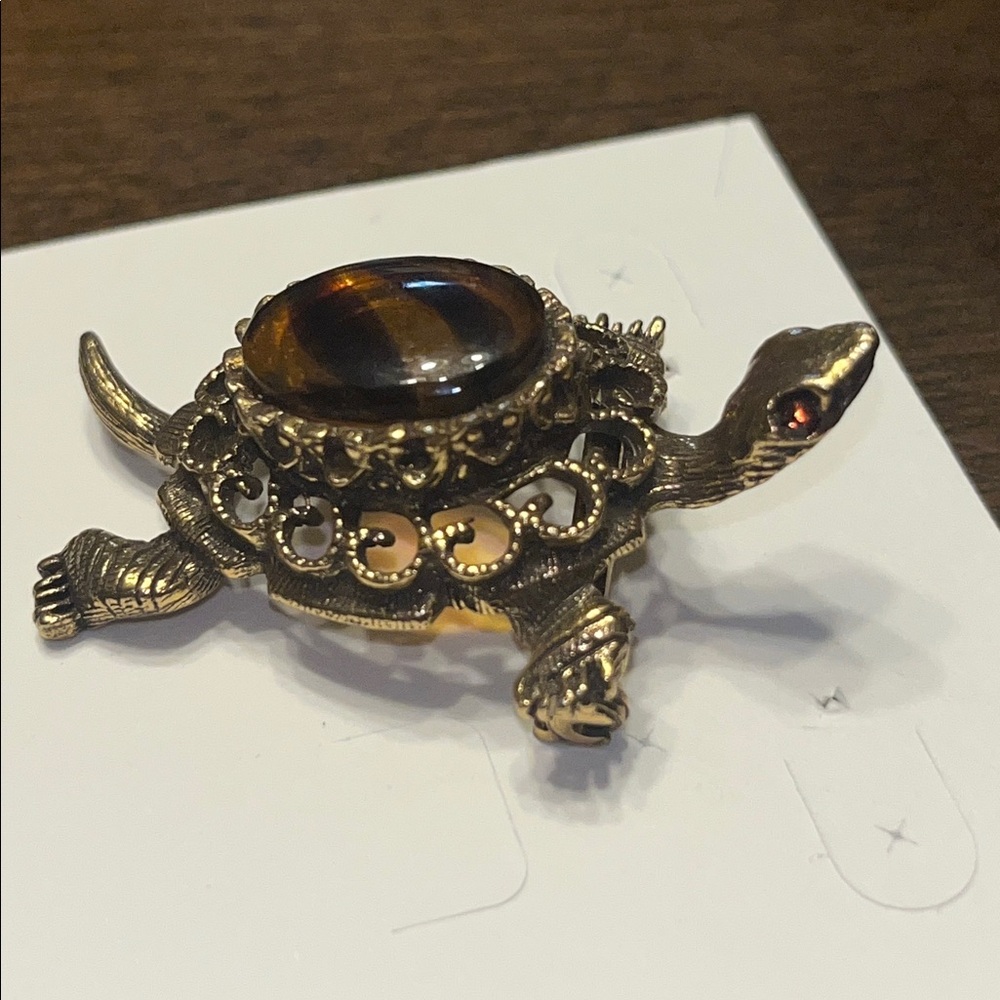 Elegant Gold and Brown Turtle Brooch